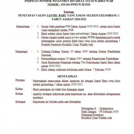 Hasil Seleksi Tes Masuk Penerimaan Santri Baru Pesantren Condong Gel.1 Jenjang SMA Tahun Ajaran 2020/2021